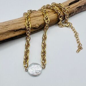 18K Gold Stainless Steel Coin Pearl Necklace-Non Tarnish Water Resistant